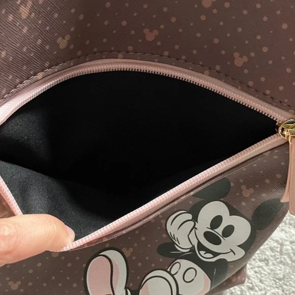 Disney Mickey Mouse Print Crossbody Purse Handbag Brown & Pink - Picture 6 of 8